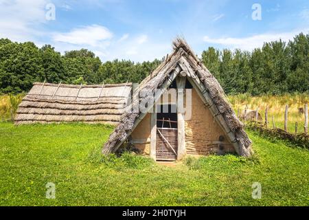 Keltisches Haus mit Strohdach im keltischen Freilichtmuseum in Nasavrky, Tschechien Stockfoto