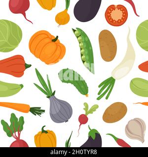 Gemüse gesunde Bio-Lebensmittel-Menü für vegetarische Ernährung nahtlose Muster Vektor-Illustration. Cartoon frisches Gemüse zum Kochen, Karotte Zwiebel Tomaten Gurken Rettich Kürbis Kartoffeln Hintergrund Stock Vektor