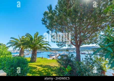 Kleiner Hafen in Cannigione unter strahlender Sonne. Sardinien, Italien Stockfoto