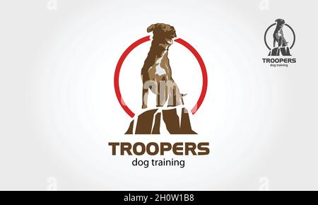 Troopers Dog Training Logo-Design, das Hauptkonzept ist sitzender Hund auf dem Felsen, es ist gut für Trainingshund, Schulhund oder Hundefreunde Gemeinschaft. Stock Vektor