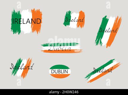 Irisches Flaggen-Set mit handgeschriebenem Schriftzug Irland und Dublin. Pinsel gestreichelt nationalen Land Design Element set. Schild Hauptstadt Dublin Stock Vektor