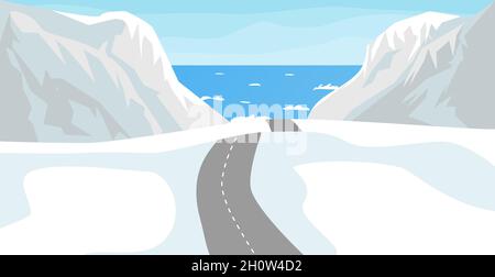 Vektorgrafik Meer-, Berg- und Straßenlandschaft. Natur Hintergrund. Autobahn zum Meer Stock Vektor