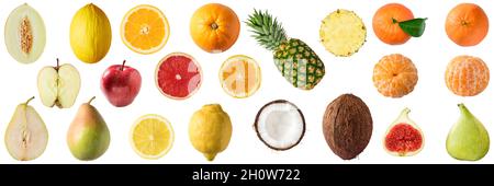 Sortiment verschiedener Früchte Apfel, Orange, Zitrone, Birne, Melone, Ananas, Kokosnuss, Feige isoliert auf weißem Hintergrund. Stockfoto