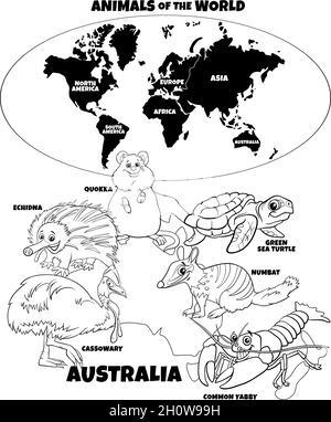 Schwarz-Weiß-Bildungs-Cartoon-Illustration der typischen australischen Tierarten und Weltkarte mit Kontinenten Färbung Buchseite Stock Vektor