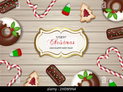 Fröhliches weihnachts-Poster mit Keksen, Süßigkeiten und Kuchen auf Holzhintergrund Stock Vektor