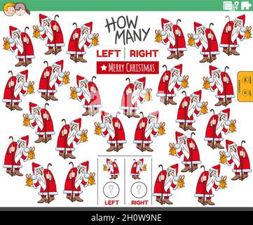 Cartoon Illustration der pädagogischen Aufgabe der Zählung links und rechts orientierte Bilder des Weihnachtsmanns mit Geschenk Weihnachtsmann Charakter Stock Vektor