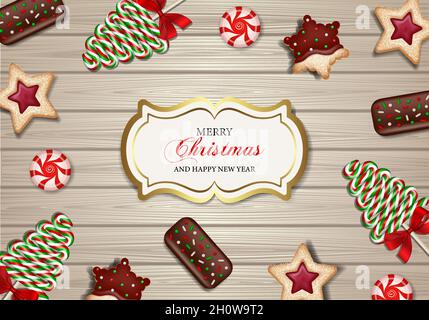 Fröhliches weihnachts-Poster mit Keksen, Süßigkeiten und Kuchen auf Holzhintergrund Stock Vektor