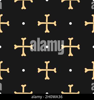 Zwei Knochen in Form eines Kreuzes. Nahtloses Cartoon-Muster. Handgezeichneter Vektor auf dunklem Hintergrund Stock Vektor