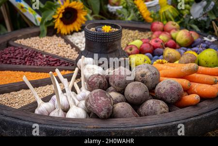 Bunte Auswahl an Obst und Gemüse in einem alten hölzernen Kutschenrad. Rote Beete, Karotten, Knoblauch, Kidney Beans, Erbsen, Äpfel, Birnen, Pflaumen. Stockfoto