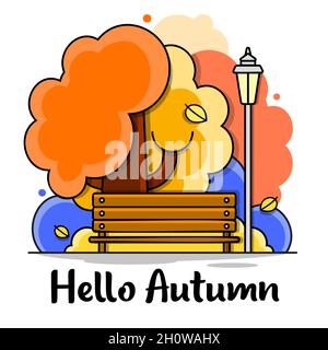 Hallo, Herbst. Auf Wiedersehen, Sommer. Die Trend-Kalligraphie. Vektorgrafik auf dem Hintergrund der Herbstblätter. Stock Vektor