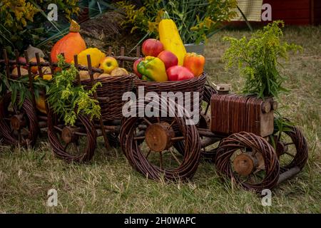Domaszczyn, Polen - 29. August 2021: Ein Weidenzug mit Körben gefüllt mit Obst und Gemüse - eine Dekoration auf dem städtischen Erntefest. Stockfoto