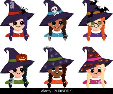 Set von Avataren Mädchen verschiedener Nationalitäten mit großen Augen und weit glückliches Lächeln in spitzen Hexenhut. Kopf des Kindes mit freudigem Gesicht. Halloween Party Dekoration Stock Vektor