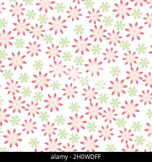 Nahtloses Muster mit rosa und grünen Blüten auf weißem Hintergrund. Stockfoto