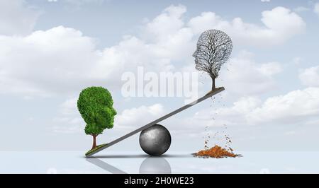 Emotionen und menschliche Stimmungsstörung Konzept als ein Baum geformt wie zwei menschliche Gesichter mit einer Hälfte voller Blätter und die gegenüberliegende Seite leer als Arzt. Stockfoto