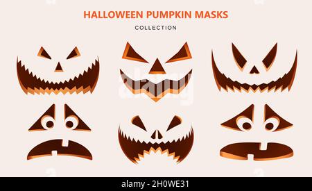Sammlung von Masken für Halloween. Geschnitzte Kürbisse mit unterschiedlichen Emotionen. Realistische Darstellung auf hellem Hintergrund. Vektor. Stock Vektor
