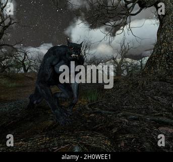 Illustration eines Werwolf in der Nacht im gruseligen Forest - 3d-Rendering Stockfoto