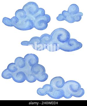 Set von Cartoon dunkelblauen Wolken. Illustration für Kinder. Isoliert auf weißem Hintergrund. Von Hand gezeichnet. Stockfoto