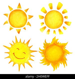 Set von Cartoon Aquarell Sonne. Kinderdarstellung einer handgezeichneten Sonne. Isoliert auf weißem Hintergrund. Sonnenuntergang bei Sonnenaufgang. Stockfoto