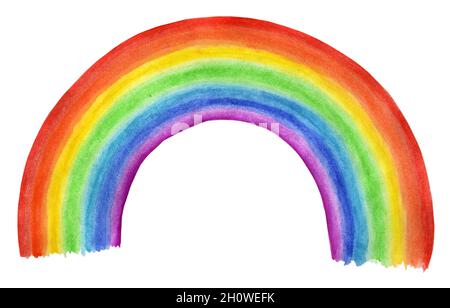 Heller siebenfarbiger Regenbogen. Illustration für Kinder. Isoliert auf weißem Hintergrund. Von Hand gezeichnet. Stockfoto