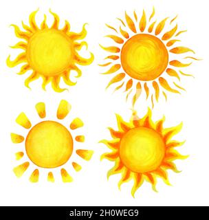 Set von Cartoon Aquarell Sonne. Kinderdarstellung einer handgezeichneten Sonne. Isoliert auf weißem Hintergrund. Sonnenuntergang bei Sonnenaufgang. Stockfoto