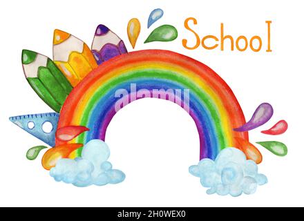 Regenbogen mit Wolken, Bleistiften darauf und die Inschrift Schule. Illustration für Kinder. Von Hand gezeichnet. Isoliert auf weißem Hintergrund. Stockfoto