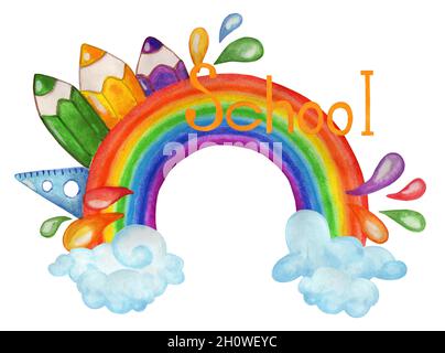 Regenbogen mit Wolken, Bleistiften darauf und die Inschrift Schule. Illustration für Kinder. Von Hand gezeichnet. Isoliert auf weißem Hintergrund. Stockfoto