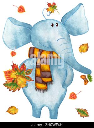 Elefant in einem Schal mit einem Strauß herbstlicher Blätter. Hallo, Herbst! Blattfall. Illustration für Kinder. Isoliert auf weißem Hintergrund. Von Hand gezeichnet. Stockfoto