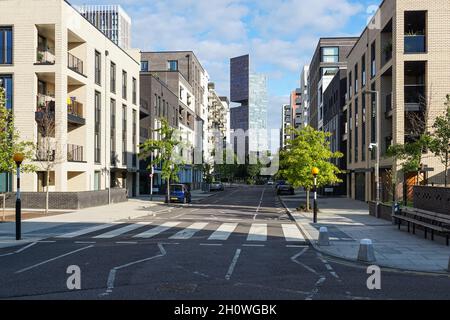 Chobham Manor, neue Wohngebäude im Olympic Park in Stratford mit Manhattan Loft Gardens Wolkenkratzer, London England Großbritannien Stockfoto