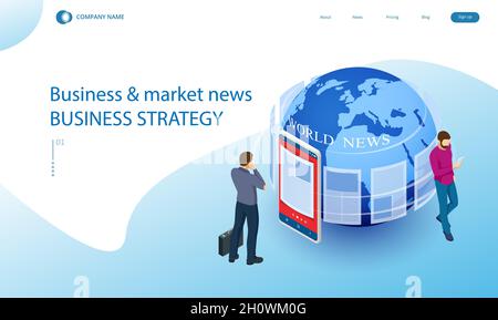 Isometrisches Business-News-Konzept. Business News-Website auf digitalem Tablet, tägliche Suche nach Job- und Geschäftsmöglichkeiten Stock Vektor