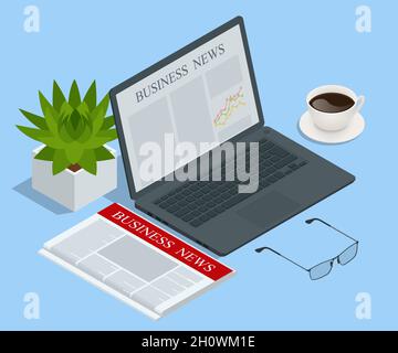 Isometrisches Business-News-Konzept. Business News-Website auf digitalem Tablet, tägliche Suche nach Job- und Geschäftsmöglichkeiten Stock Vektor