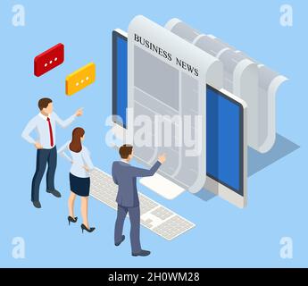 Isometrisches Business-News-Konzept. Business News-Website auf digitalem Tablet, tägliche Suche nach Job- und Geschäftsmöglichkeiten Stock Vektor