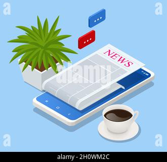 Isometrisches Business-News-Konzept. Business News-Website auf digitalem Tablet, tägliche Suche nach Job- und Geschäftsmöglichkeiten Stock Vektor