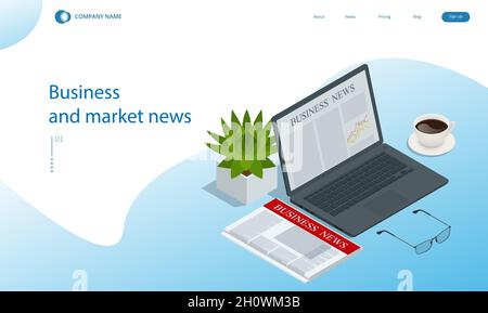 Isometrisches Business-News-Konzept. Business News-Website auf digitalem Tablet, tägliche Suche nach Job- und Geschäftsmöglichkeiten Stock Vektor