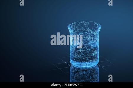 Becher und blaue Leuchtlinien, 3d-Rendering. Digitale Zeichnung des Computers. Stockfoto