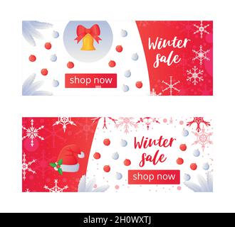 Hochwertiges rotes Weihnachtsbanner-Set mit geometrischen Schneeflocken Stock Vektor