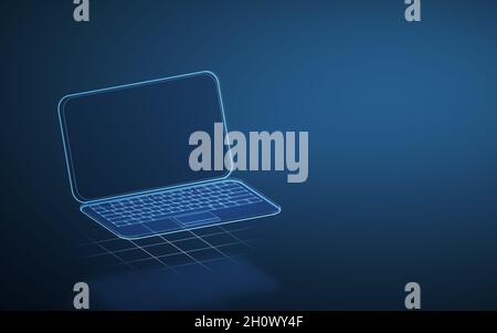 Laptop und blau leuchtende Linien mit dunklem Hintergrund, 3d-Rendering. Digitale Zeichnung des Computers. Stockfoto