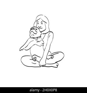 Linie Kunst Frau und Bulldog ein ihren Schoß Illustration Vektor isoliert auf weißem Hintergrund Linie Kunst. Stock Vektor