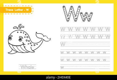 Trace Letter W Groß- und Kleinschreibung. Alphabet Tracing Praxis Vorschule Arbeitsblatt für Kinder Englisch lernen mit niedlichen Cartoon Tier. Coloring boo Stock Vektor