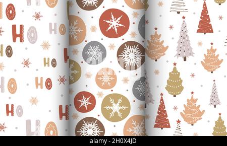 Set mit Neujahrshintergründen. Nahtloses Muster mit Schneeflocken und weihnachtsbaum. Winterdruck. Vektorgrafik im flachen Stil Stock Vektor