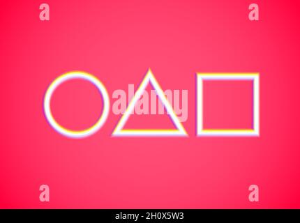 Neon geometrische Formen mit glitchy glühenden. Glänzender Kreis, Dreieck und Quadrat auf dem roten Hintergrund für Party- oder Quest-Einladung. Stock Vektor