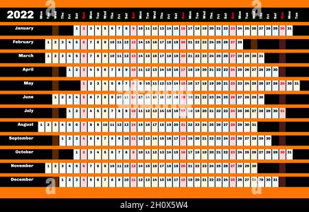 Schwarzer linearer Kalender 2022 mit Farbcodierung für Tage und Monate. Stock Vektor
