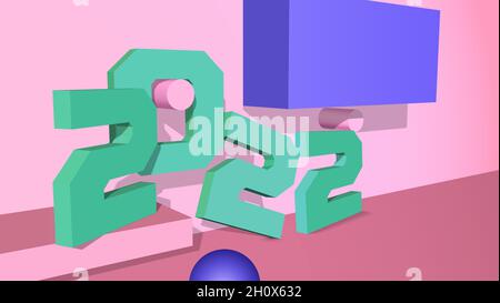 3D-Vektor 2022 Neujahr Typografie mit rosa und grünen Formen auf dem abstrakten Hintergrund und Zahlen Zeichen. Stock Vektor