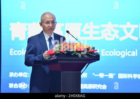 Kunming, Chinas Provinz Yunnan. Oktober 2021. Zhang Yaping, Vizepräsident der Chinesischen Akademie der Wissenschaften (CAS), hält am 15. Oktober 2021 eine Rede während des Ökologischen Zivilisationsforums des ersten Teils der 15. Tagung der Vertragsstaatenkonferenz der Konvention über die biologische Vielfalt (COP15) in Kunming, der südwestlichen Provinz Yunnan, China. Kredit: Li Xin/Xinhua/Alamy Live Nachrichten Stockfoto