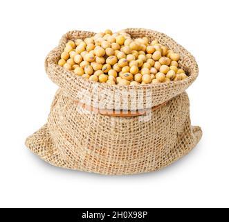 Getrocknete Sojabohnen im Sacksack isoliert auf weißem Hintergrund, Schnittpfad speichern. Stockfoto