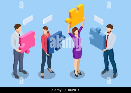 Isometrische Menschen verbinden Puzzleelemente. Geschäftliche Teamarbeit, Zusammenarbeit, Partnerschaft. Teamarbeit, Teambildung, Unternehmensorganisation. Puzzle Stock Vektor