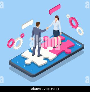 Isometrische Menschen verbinden Puzzleelemente. Geschäftliche Teamarbeit, Zusammenarbeit, Partnerschaft. Teamarbeit, Teambildung, Unternehmensorganisation. Puzzle Stock Vektor