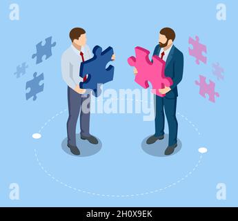 Isometrische Menschen verbinden Puzzleelemente. Geschäftliche Teamarbeit, Zusammenarbeit, Partnerschaft. Teamarbeit, Teambildung, Unternehmensorganisation. Puzzle Stock Vektor