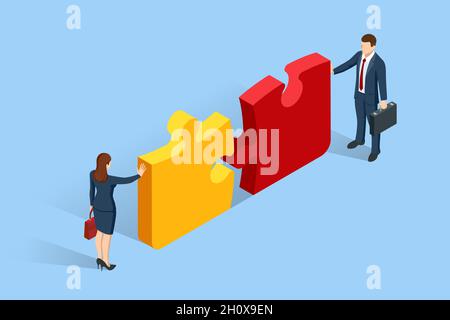 Isometrische Menschen verbinden Puzzleelemente. Geschäftliche Teamarbeit, Zusammenarbeit, Partnerschaft. Teamarbeit, Teambildung, Unternehmensorganisation. Puzzle Stock Vektor