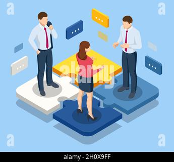 Isometrische Menschen verbinden Puzzleelemente. Geschäftliche Teamarbeit, Zusammenarbeit, Partnerschaft. Teamarbeit, Teambildung, Unternehmensorganisation. Puzzle Stock Vektor