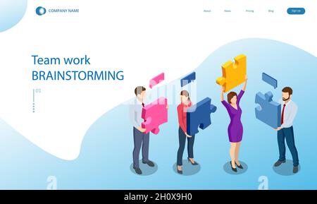 Isometrische Menschen verbinden Puzzleelemente. Geschäftliche Teamarbeit, Zusammenarbeit, Partnerschaft. Teamarbeit, Teambildung, Unternehmensorganisation. Puzzle Stock Vektor